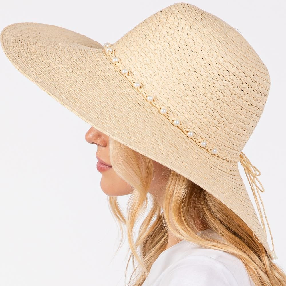 Womens pearl beaded wide brim hat HUDANHUWEI Womens Wide Brim Fedora Hat with Pearl Band Lady  main image 4