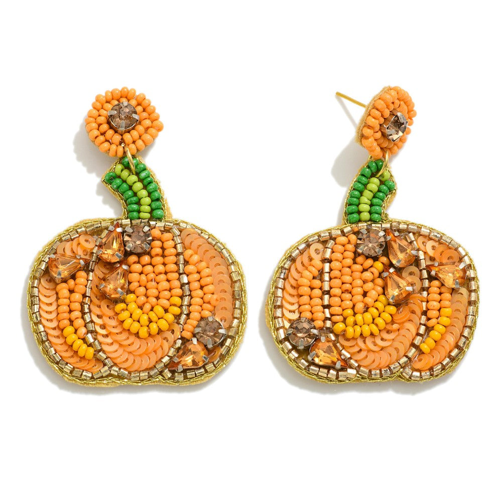Seed Bead Pumpkin Drop Earrings With Rhinestone Accents Salty Chic