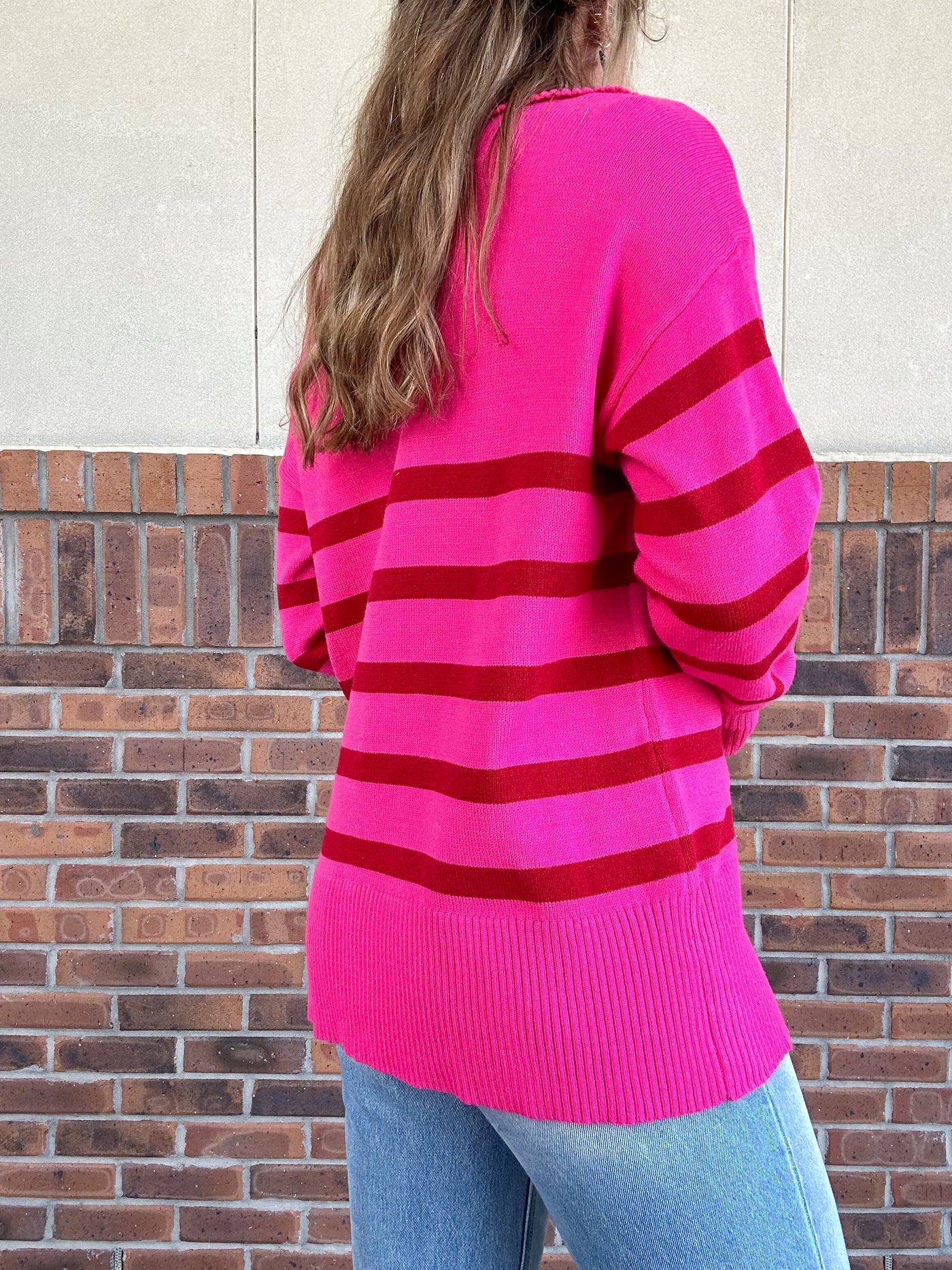 Red and Pink Striped Knit Sweater Top