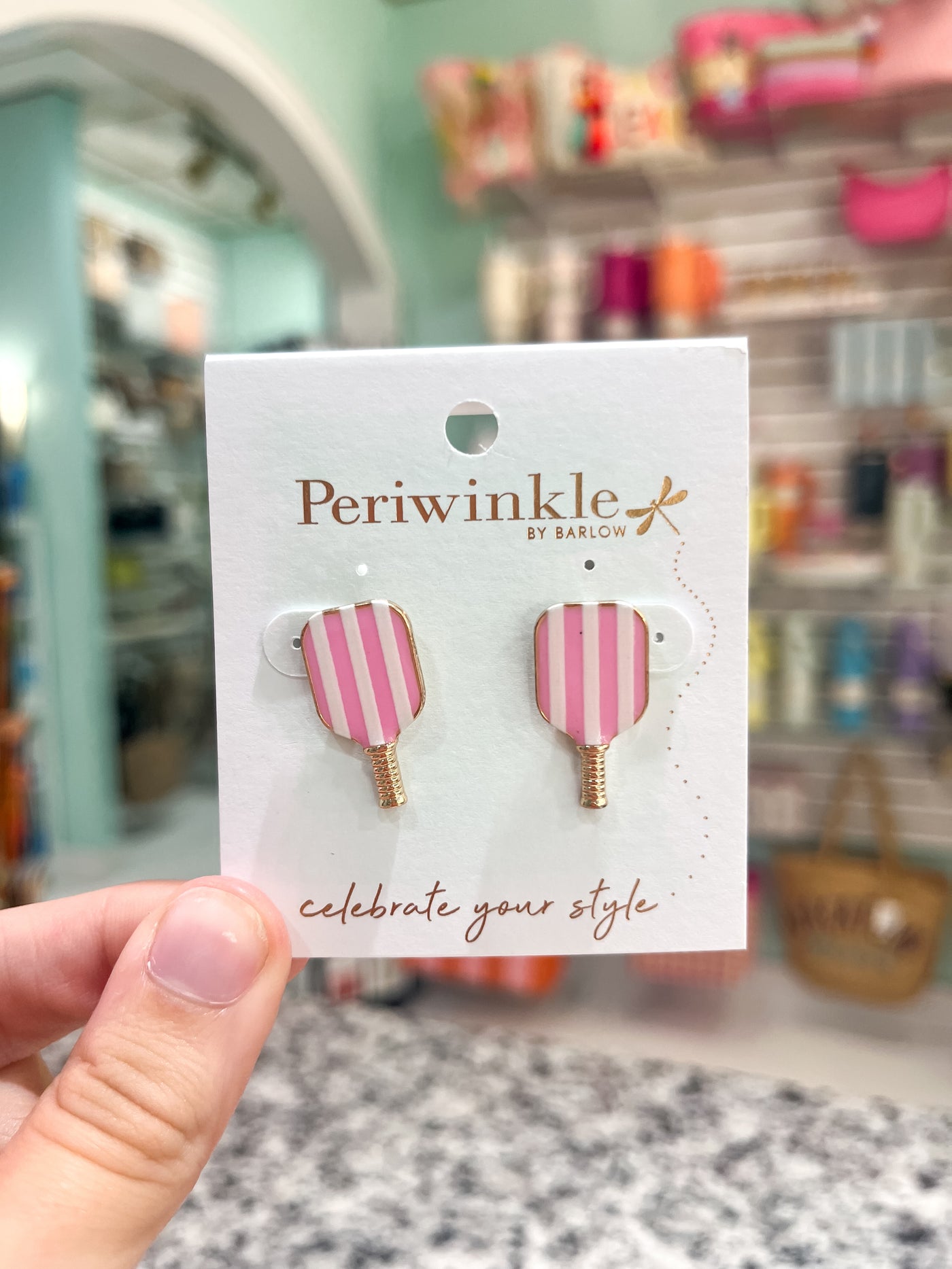 Periwinkle Pink & White Stripe Pickleball Paddle Earrings