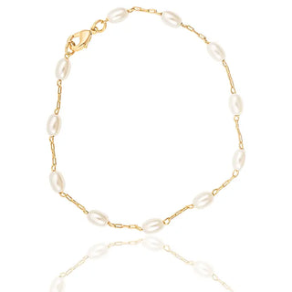 Paperclip Chain Linked Oval Pearl Anklet - Tarnish Resistant
