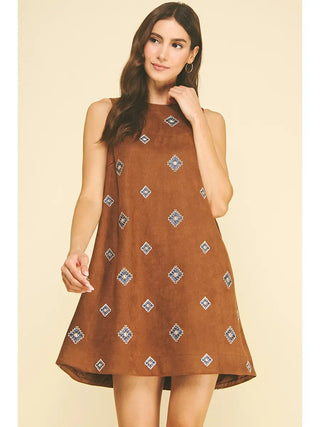 Embroidered Suede A-Line Mini Dress