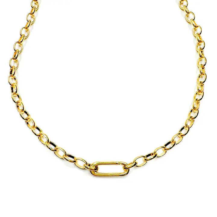 Smooth Gold Carabiner Clasp Oval Chain Charm Necklace