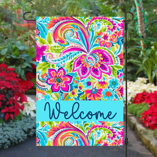 Garden Flag -Fuchsia and Blue Flowers Swirls