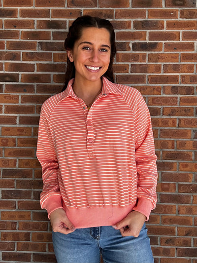 Umgee Henley Style Striped Sweatshirt