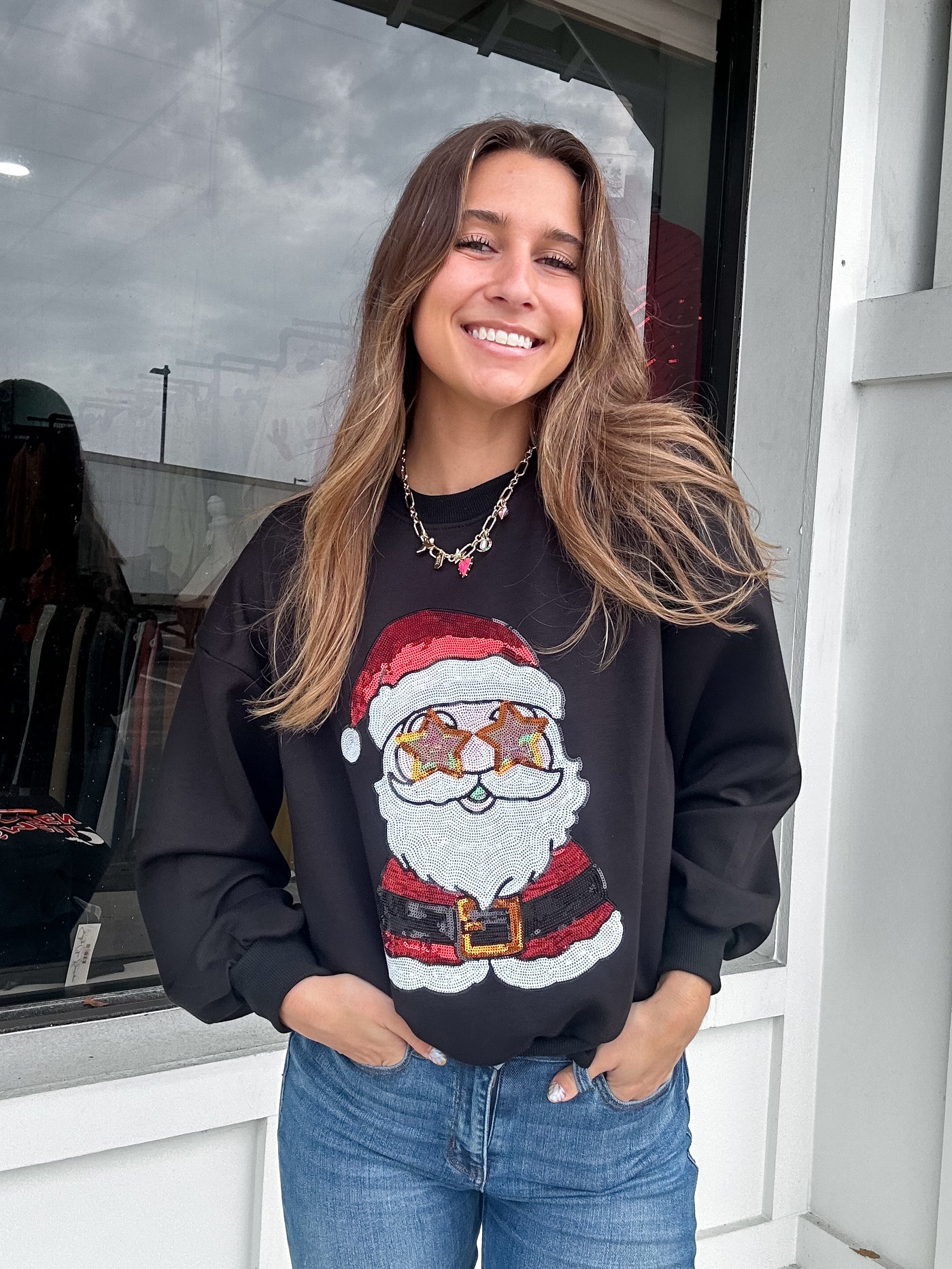 Starry-Eyed Santa Sequin Crewneck