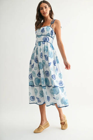 Blue Seashell Print Midi Dress