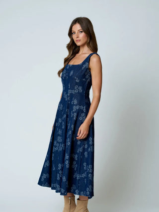 Floral Jacquard Corset Detail Denim Midi Dress