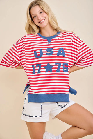 USA Rope Embroidery Striped Top