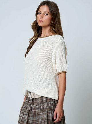 Contest Trim Puff Sleeve Ribbed Knit Sweater