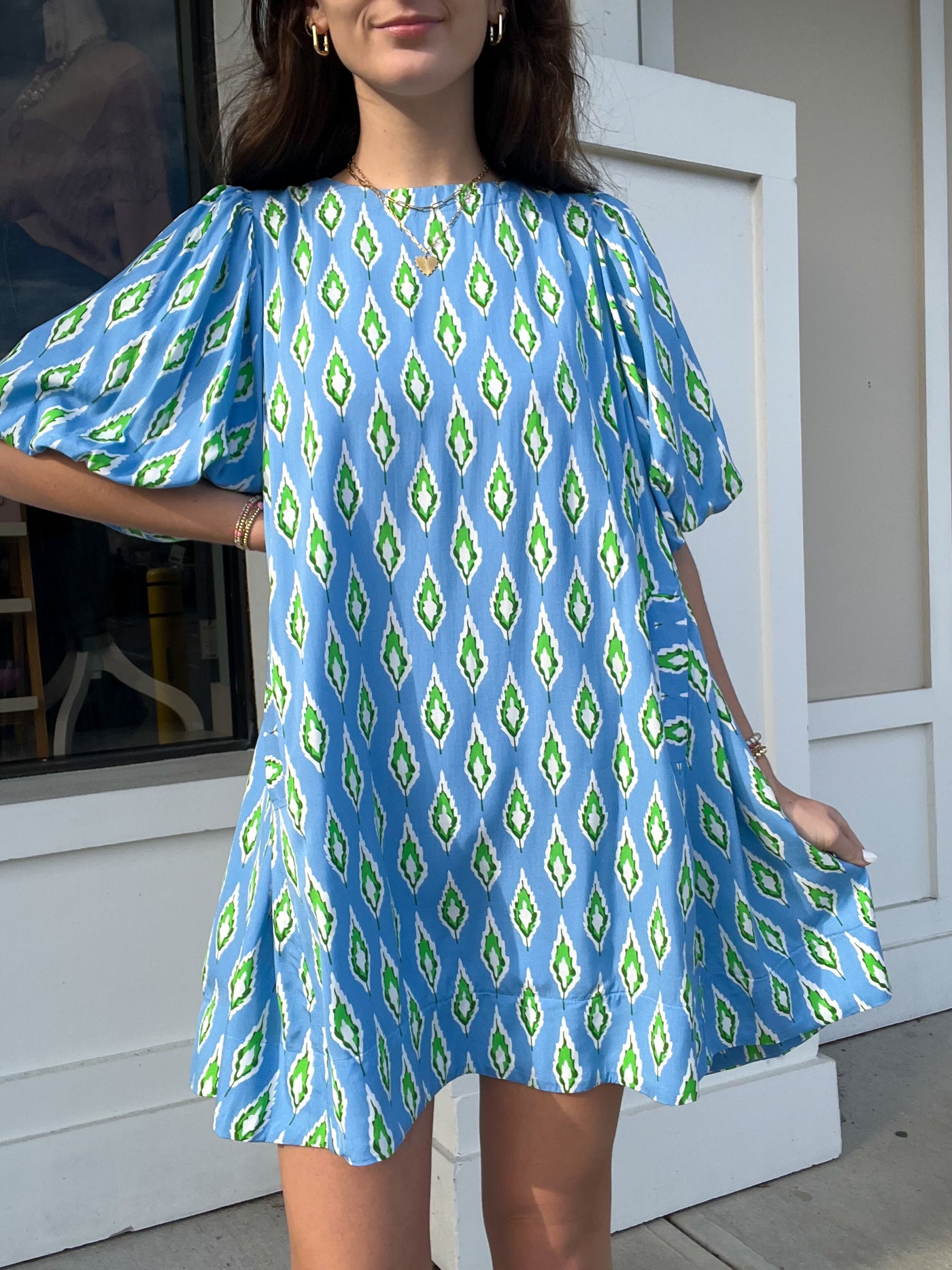 Umgee Leaf Print Dress with Puff Sleeves