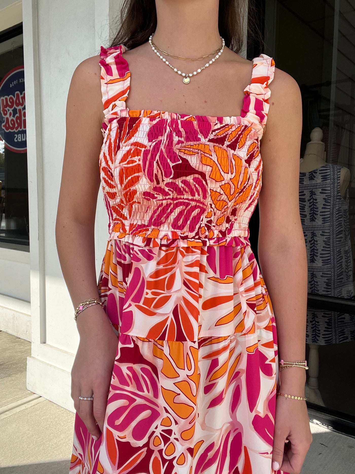 Umgee Tropical Smocked Tiered A-Line Dress