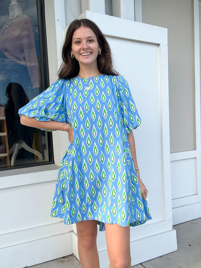 Umgee Leaf Print Dress with Puff Sleeves