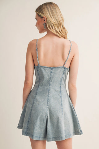 Washed Denim Button-Front Fit & Flare Romper