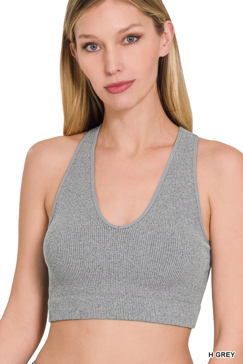 Ribbed Cropped Racerback Tank Top with Bra Pads