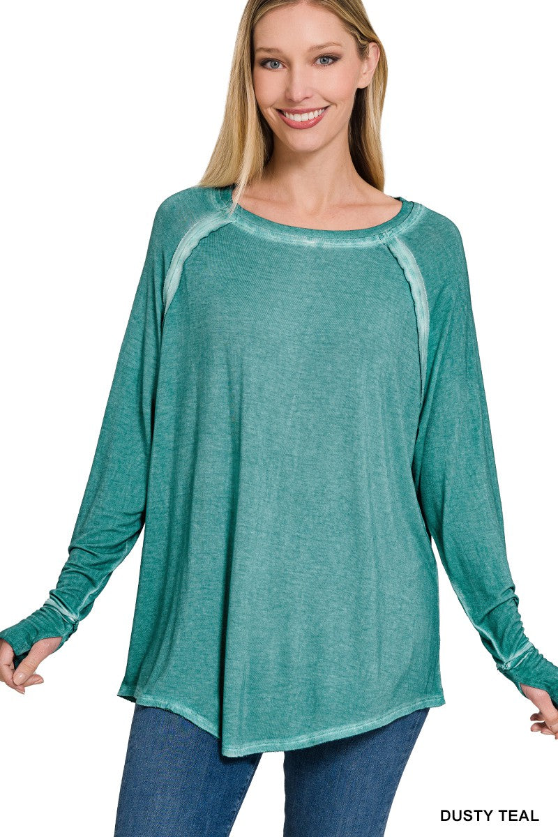 Washed Scoop Neck Long Sleeve Top