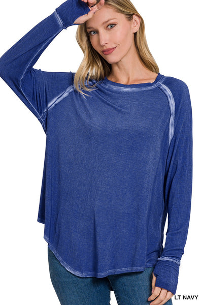 Washed Scoop Neck Long Sleeve Top