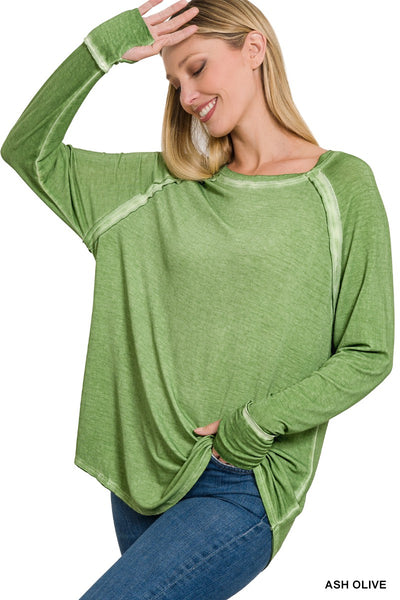 Washed Scoop Neck Long Sleeve Top