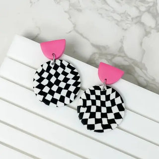 Black, White & Pink Geometric Clay Dangles