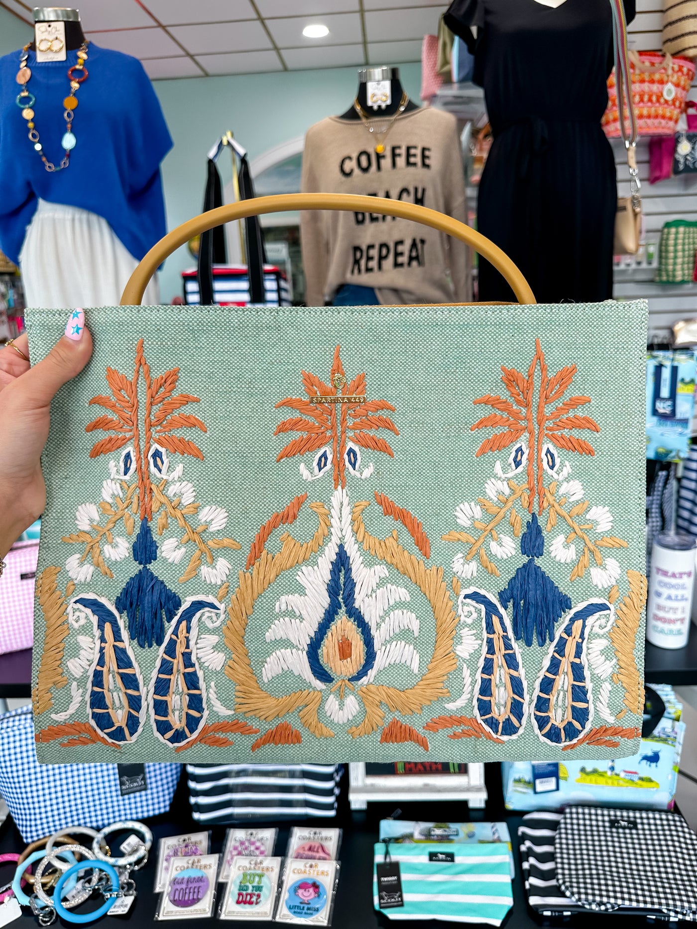 Spartina Piper Straw Tote Kalalanta Ikat Palm Sea Foam