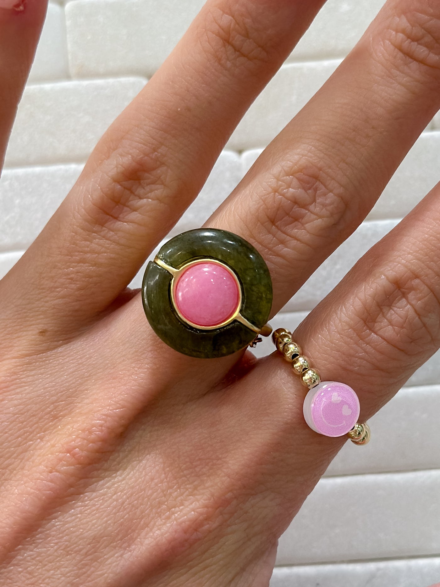 Spartina Centered Stone Olive/Pink Jade Ring