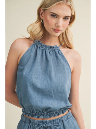 Gathered Halter Tie-Back Denim Top