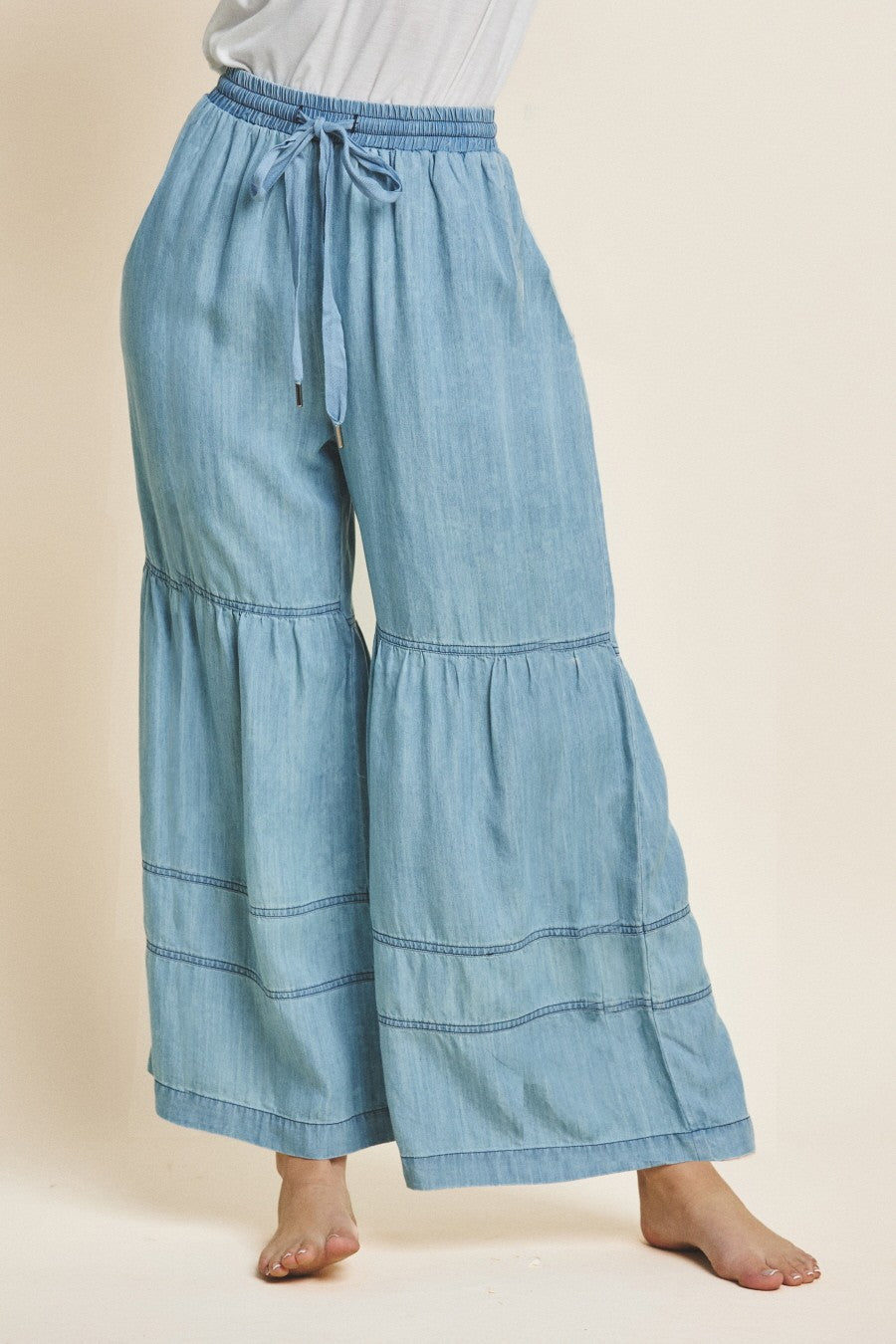 Washed Denim Wide Leg Pants