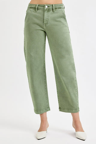 Risen Olive Tummy Control High Rise Crop Barrel Pants