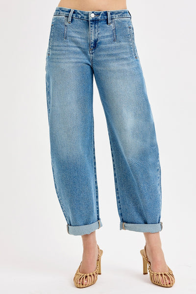 Risen Mid Rise Fit Barrel Roll Up Jeans