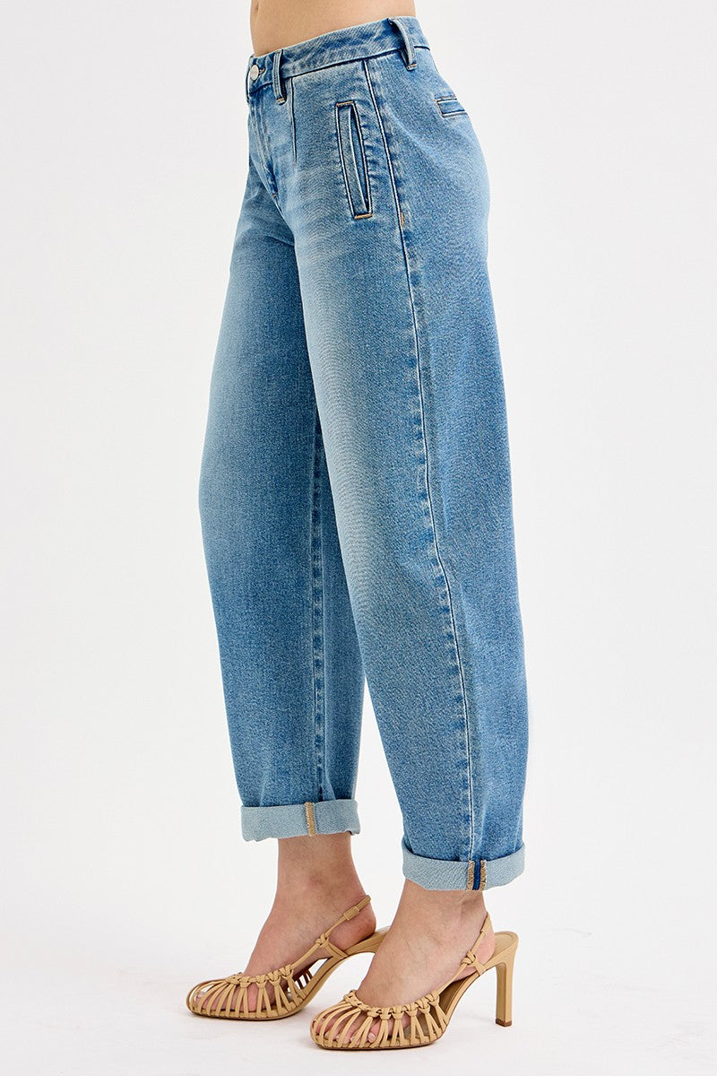 Risen Mid Rise Fit Barrel Roll Up Jeans