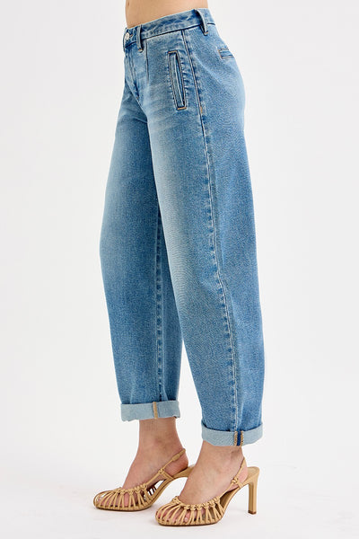 Risen Mid Rise Fit Barrel Roll Up Jeans