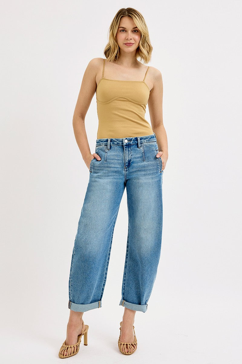 Risen Mid Rise Fit Barrel Roll Up Jeans