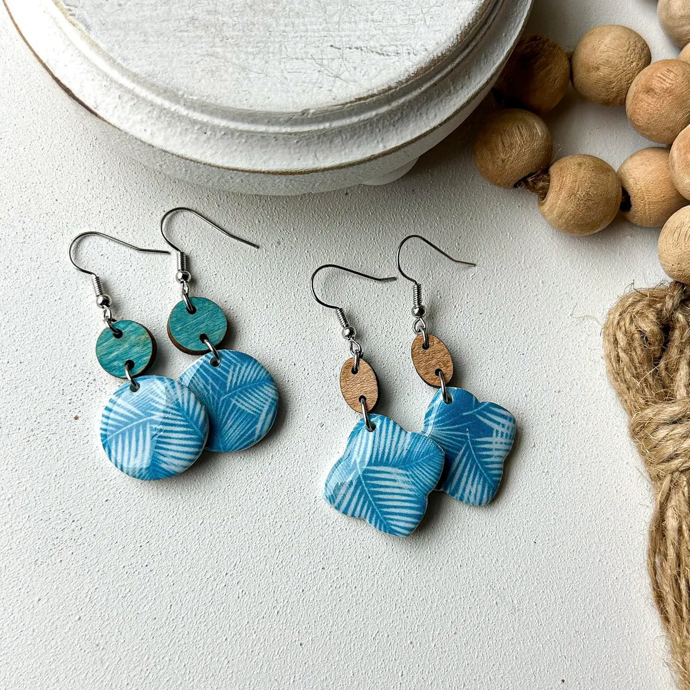 Blue Palm Leaves Polymer Clay Earrings