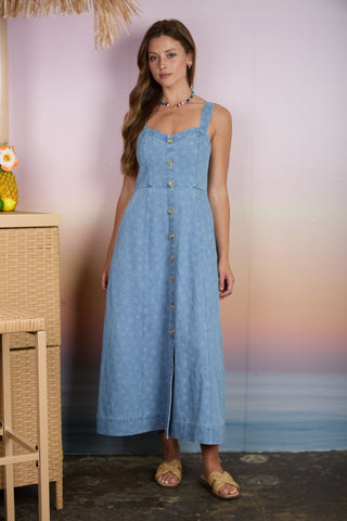 Floral Denim Sweetheart Midi Dress
