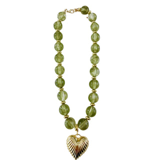 Lucas Beaded Necklace with Gold Heart Pendant - Light Green