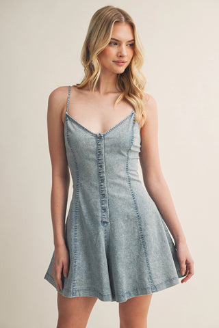 Washed Denim Button-Front Fit & Flare Romper