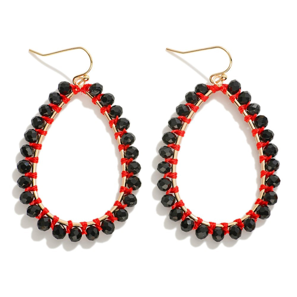 Metal Wire Teardrop Drop Earrings With Faceted Glass Bead Border and Contrast Threading