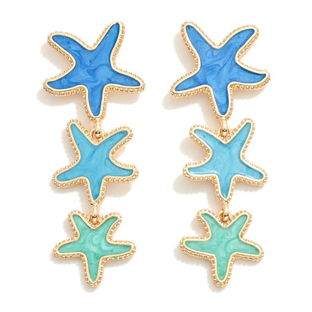 Linked Metal Backed Resin Starfish Tassel Drop Earrings