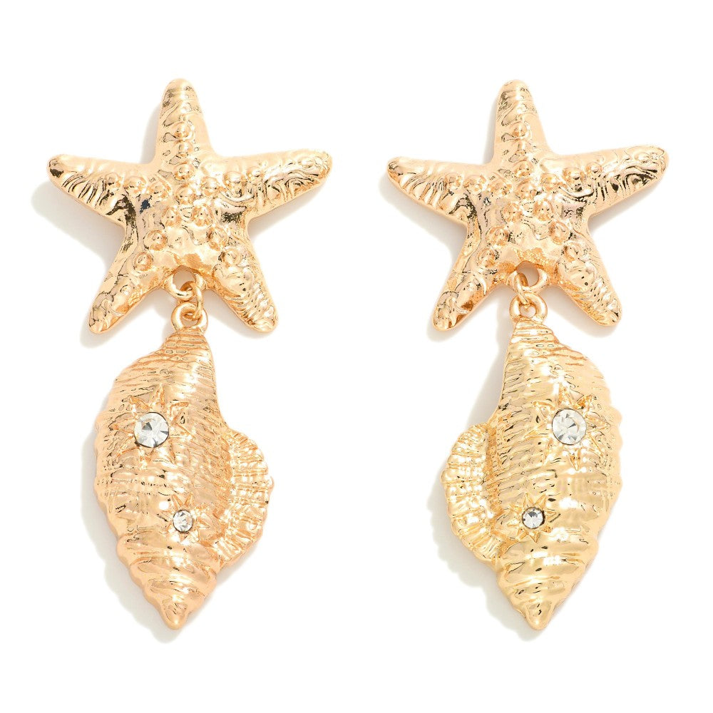 Linked Metal Starfish and Shell Drop Earrings With Rhinestone Details