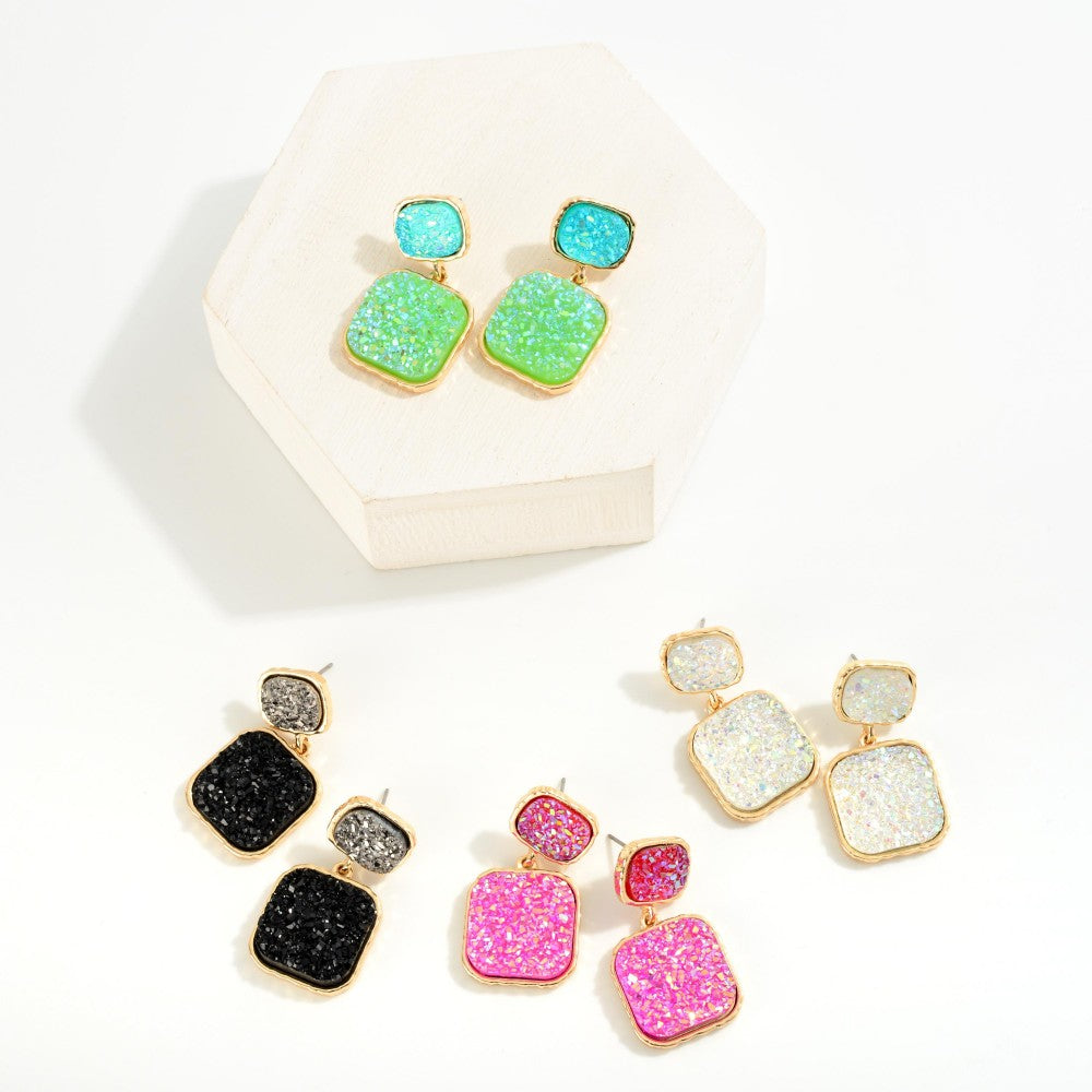 Metal Backed Druzy Cluster Drop Earrings With Druzy Cluster Stud Posts