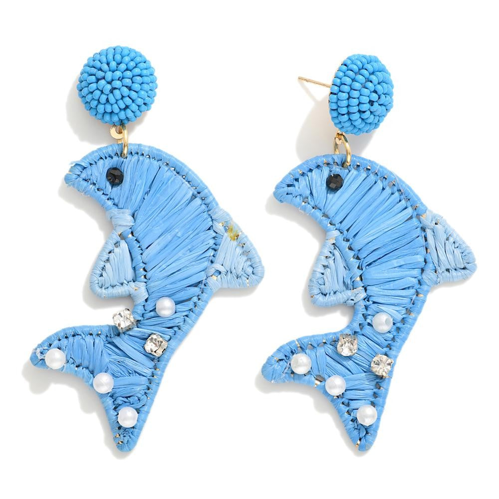 Raffia Dolphin Drop Earring With Seed Bead Post