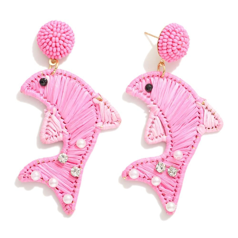 Raffia Dolphin Drop Earring With Seed Bead Post