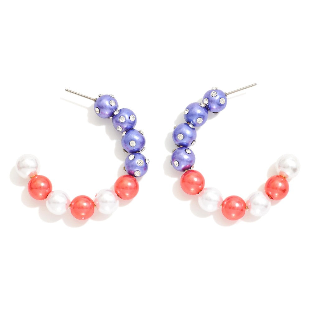 Red, White, and Blue Beaded Hoop Earrings With Rhinestone Details