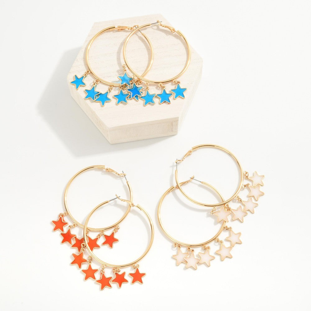 Gold Tone Metal Hoop Earrings With Star Charms