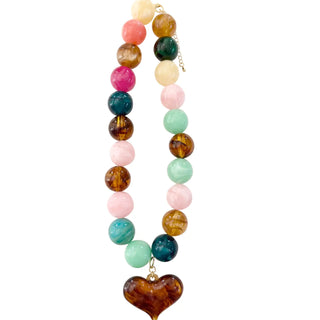 Ella Chunky Beaded Necklace with Heart Charm - Pink