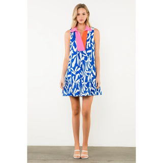 THML Contrast Collar Sleeveless Print Dress