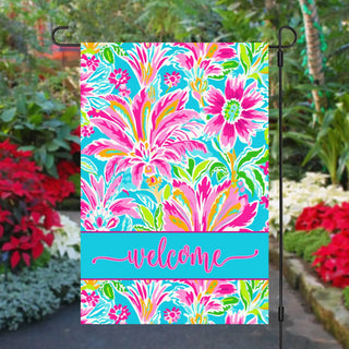 Garden Flag - Fuchsia and Blue Palm Welcome Flag