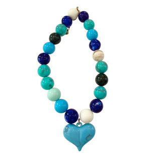 Ella Chunky Beaded Necklace with Heart Charm - Blue
