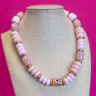Statement Necklace - Chunky Beads - Pink with Ceramic Charm