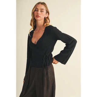 Self Tie Waist Flared Sleeve Knit Blouse